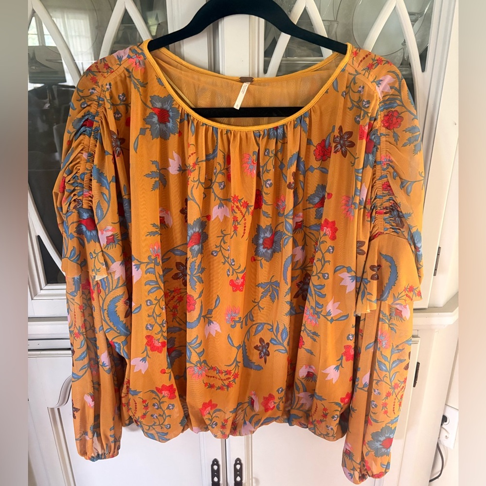 Free People Women’s Mustard Floral Peasant Blouse